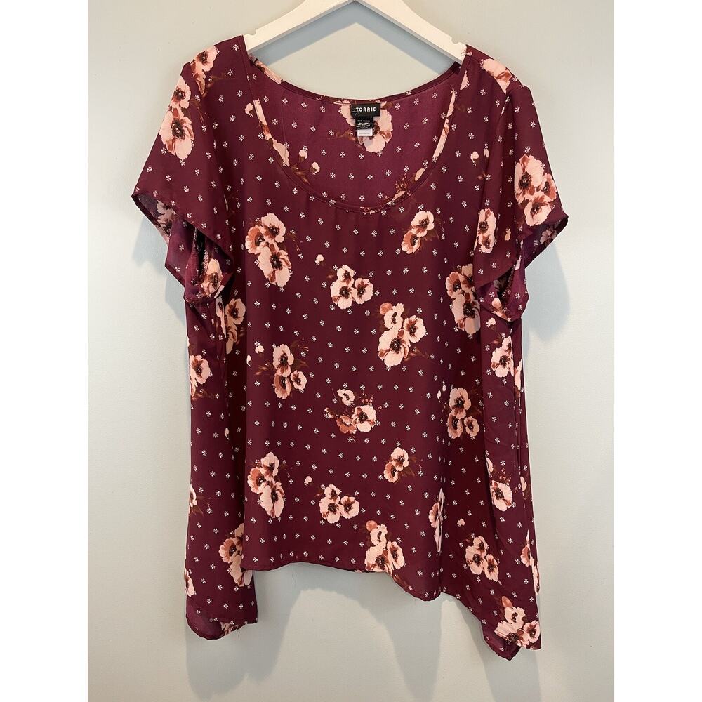 Torrid Women's‎ Sz 2 2x Floral Chiffon Flowy Top Burgundy Maroon Feminine